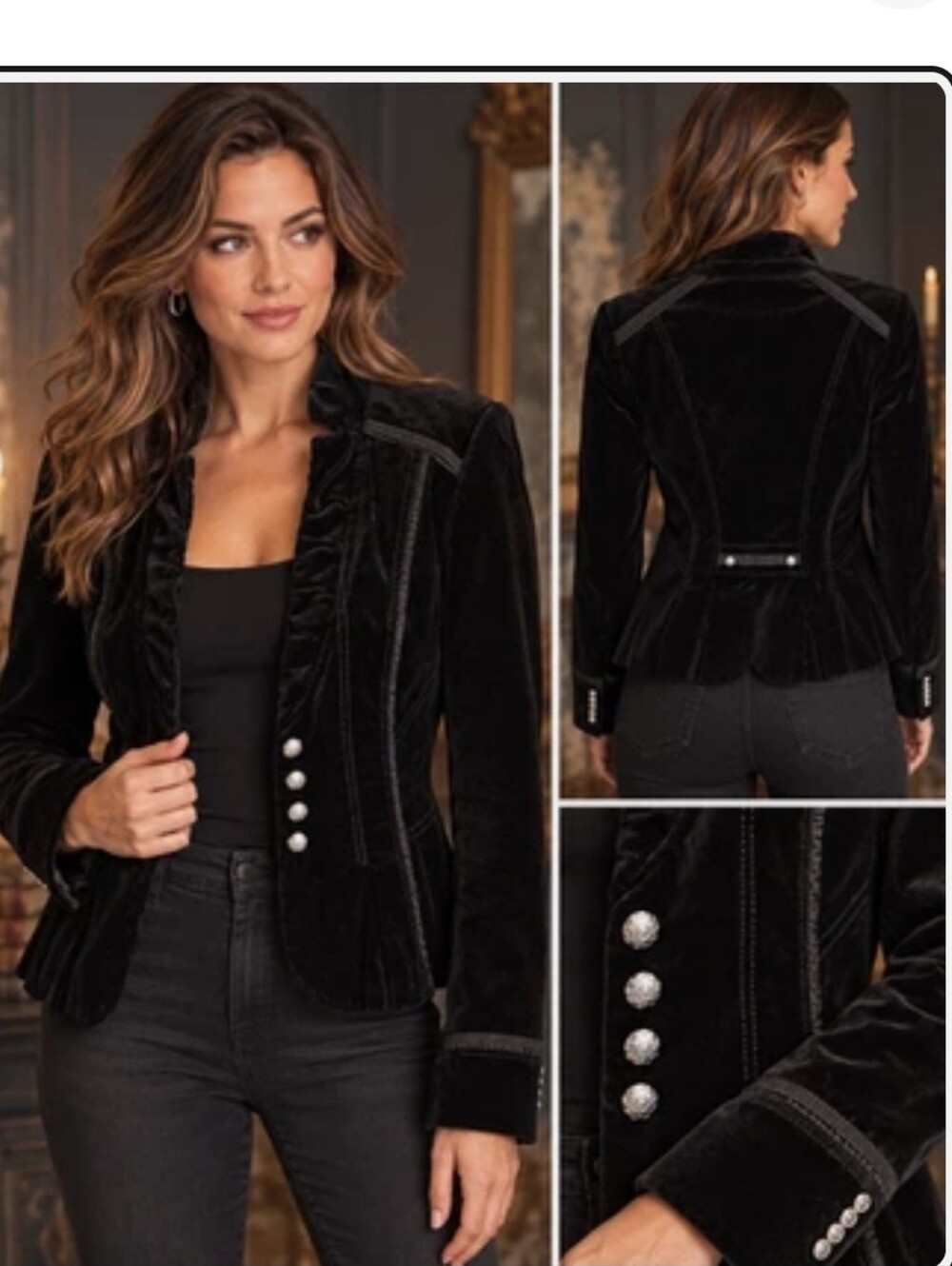 White House Black Market Velvet Ruffle Trim Military-Style Blazer Jacket, Size 4